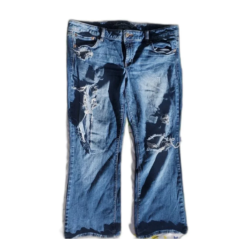 American Eagle Outfitters Ripped Blue Wide Leg Jeans Womens Size 18 - Picture 1 of 6